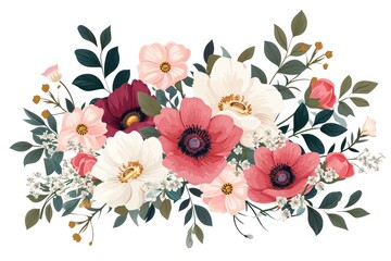 Wall Mural - Delicate floral arrangement illustration, Elegant floral vector design with a variety of blooms arranged in a random bunch on white