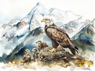 A majestic bald eagle watches over its young in a nest on a mountainside.