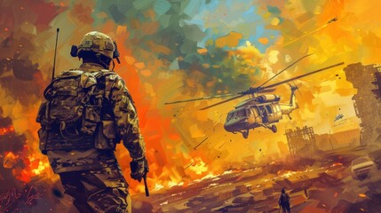 Illustration Battlefield with Soldiers and helicopters. Ai generated image