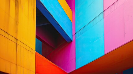 Fototapete - Colorful geometric shapes, sunlit room, tropical leaves., High quality shots highlighting vibrant hues and shapes