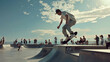 © VK Studio - A skater executes a mid-air trick in a bustling skatepark, capturing the thrill and creativity of street sports against a blue sky.