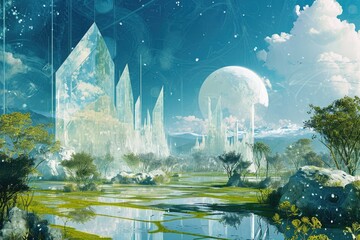 Poster - Futuristic, crystalline skyscrapers; serene, natural landscape., Illustration of a unique world with crystal like structures and a balanced ecological system