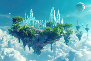 Poster - Futuristic, crystalline skyscrapers; serene, natural landscape., Illustration of a unique world with crystal like structures and a balanced ecological system