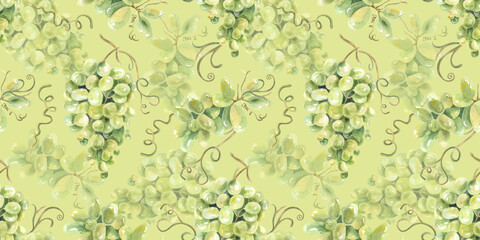 Wall Mural - Green grapes, vine watercolor, seamless pattern. Hand drawn. For kitchen textile, fabric, design, packaging, wallpaper. Food illustration