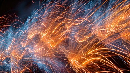 Wall Mural - Vibrant, glowing light explosion, Long exposure fireworks photography, showcasing the graceful trails and dynamic patterns created by the bursts of light