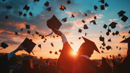 Graduates tossing caps into the air at sunset, celebrating their achievement under a colorful sky filled with a sense of joy and accomplishment.