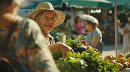 Sticker - An elderly woman in a straw hat smiles warmly as she selects fresh vegetables at a bustling outdoor market, capturing the community spirit and simple joys of daily life.