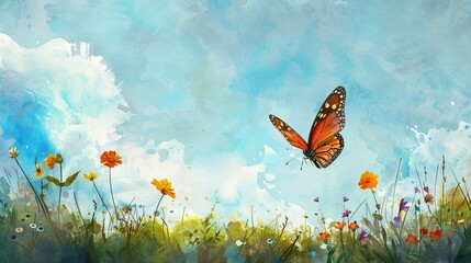Wall Mural - artistic watercolor painting drawing of beautiful butterfly flying over flower fields