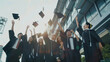 © VK Studio - New graduates throw their caps into the air, celebrating their achievements in front of a bright modern building, capturing the exhilaration of graduation day.