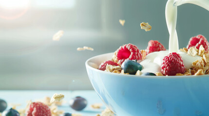 Milk being poured into a breakfast bowl filled with granola, raspberries, and blueberries, creating a serene and healthy morning routine scene.