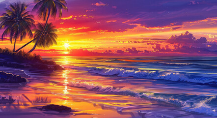 Sticker - A vibrant sunset over the tranquil beach, with palm trees swaying in the breeze and waves crashing against rocks