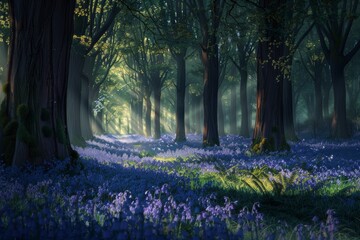Wall Mural - Dreamy Forest Glade with Bluebells in Bloom Under Tall Trees in Soft, Dappled Light