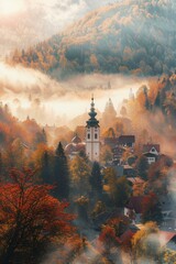 Wall Mural - Foggy mountain with colorful Autumn forest and church bell tower