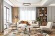© lemya - A bright living room with a white sofa, chairs and coffee table in the style of scandinavian interior design for a modern home ai generative
