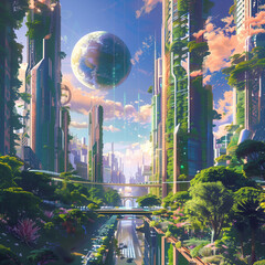 futuristic city with greenery