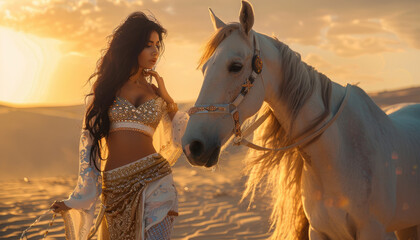 beautiful Arab women in the desert with a horse, wearing white and gold