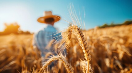 A male farmer working in golden wheat field in farm land.