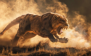 Wall Mural - a sabertooth cat running in the dust