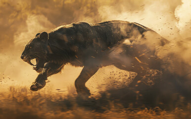 Wall Mural - a sabertooth cat running in the dust