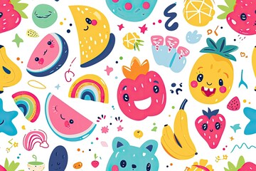Poster - Colorful, smiling cartoon fruits and objects., Colorful vector illustration of a delicious dish