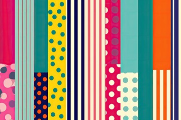 Fototapete - Colorful striped and dotted patterns, Vibrant and lively vector graphic with a mix of bold stripes and cheerful patterns