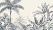 © Fatima - Seamless Border Hand Drawn Black and White Lithography Illustration Retro Style Design. Tropical wallapaper. AI generated illustration