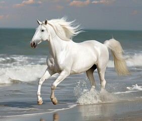 Wall Mural - White horse galloping along beach with stunning water view in background perfect travel escape scene