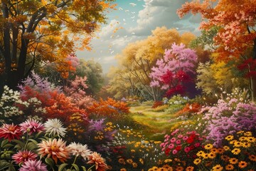 Wall Mural - Serene Autumn Landscape with Colorful Asters and Chrysanthemums in Picturesque Foliage