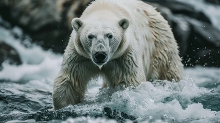 Canvas Print -  A polar bear up-close in water, rocks at background, face splashed by water