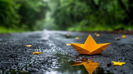  A yellow origami boat sits on the wet forest road, surrounded by trees The road bears yellow star-shaped marks