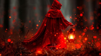 Poster -  A woman in a red cloak holds a lantern in a dark forest Her head is adorned with a red headpiece, and she wears a red shawl The