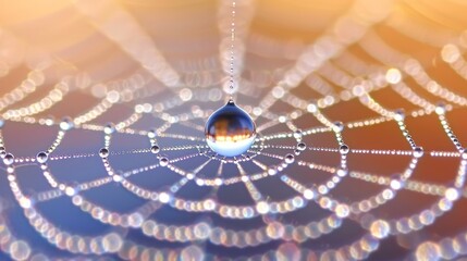 Wall Mural -  A drop of water atop a spider web, dotted with additional drops against a blue-yellow backdrop Background includes a hazy, blurred sky