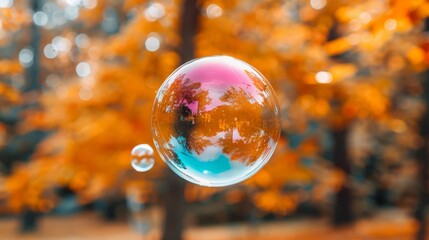 Wall Mural -  A close-up of a bubble displaying an orange-leafed tree against a blue sky background Inside the bubble, the tree image is reversed (For optimal image output, ensure