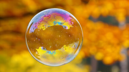 Wall Mural -  A soap bubble hovers before a tree, background adorned with yellow and orange leaves Foreground showcases a tree's blurred silhouette