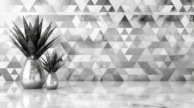  A monochrome image of two vases with pineapples against a wall featuring a geometric pattern as the backdrop, on a black-and-white background