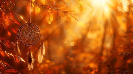 Wall Mural -  A dreamcatcher suspends from a tree branch against a radiant backdrop of sunlit leaves and branches Sun rays penetrate the foliage