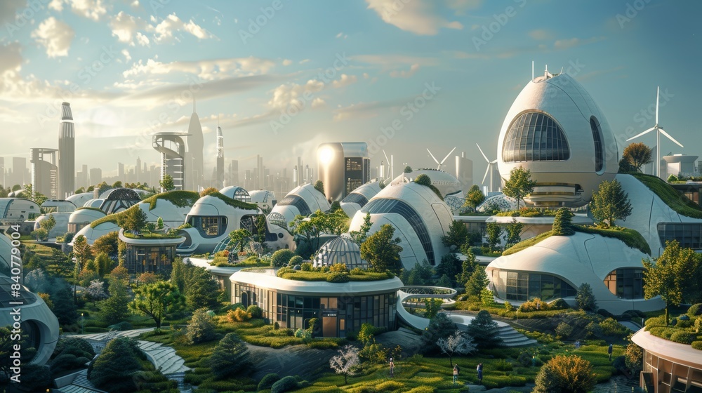 A futuristic cityscape rendered in 3D, featuring buildings with ...