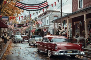 Naklejka na meble Vintage 1950s Main Street Celebration with Classic Cars and Festive Decorations