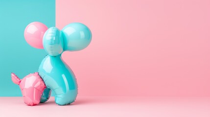 Sticker -  A blue-pink balloon animal sits atop a pink-blue floor Nearby, a balloon dog shape rests against a pink backdrop, with blue accents