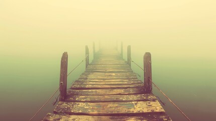 Wall Mural -  A pier juts out into a fog-shrouded body of water, where a boat rocking gently at anchor is tethered At the pier's end, a figure stands