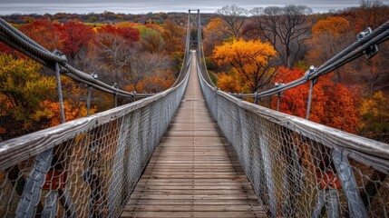 Wall Mural -  A suspended wooden bridge, encircled by a forest, adorned with trees bearing orange, yellow, and red leaves The bridge's top and underside are colored with their