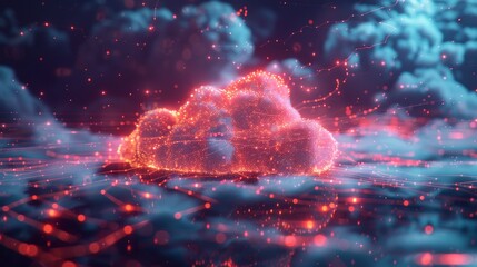 Wall Mural - An abstract 3D illustration of a cloud composed of digital particles, with network lines connecting it to various devices, representing a digital ecosystem.