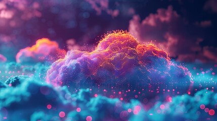 A vibrant 3D illustration of a cloud network with colorful data streams flowing between nodes, representing the dynamic flow of information.