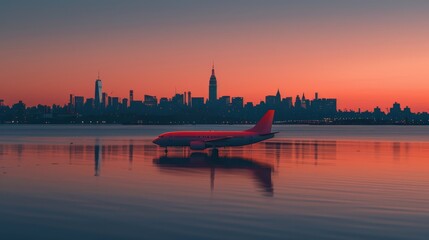 Wall Mural -  A large jetliner rests on a tarmac, adjacent to a body of water Behind it lies a cityscape and the sky