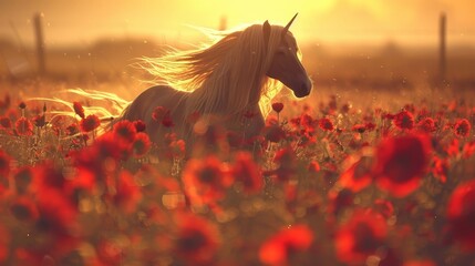 Wall Mural -  A white horse stands in a field of red poppies, with the sun setting behind A fence borders the foreground, framing another expanse of red flowers