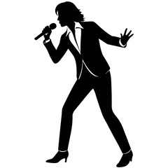 Poster - A singer Dance Pose with singing holding a microphone in front of mouth vector silhouette, isolated white background