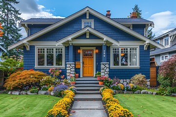 Wall Mural - Craftsman house with a rich navy blue exterior, light gray trim, and a bright yellow door, framed by a manicured lawn and blooming flowers