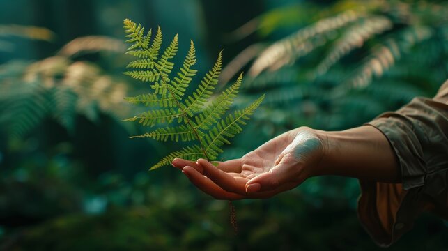 A woman's hand and a fern leaf. Man and nature 