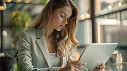 Sticker - A businesswoman in professional attire sitting at a table and reviewing documents on a tablet device, A stylish businesswoman reviewing documents on a tablet