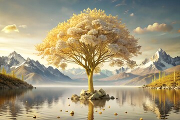 Wall Mural - golden tree, golden tree trunk, white leaves with golden flowers, tree on a light background, white mountains with golden peaks in the background, silver stones near the tree, lake between mountains a